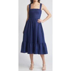 Reformation Rowen Square Neck Smocked Linen Sundress Danube Size 6